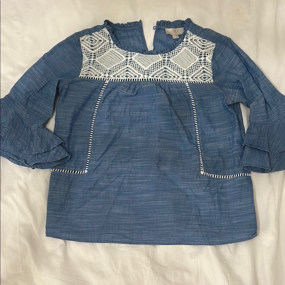 LOFT Blue Embellished Long Sleeve Blouse